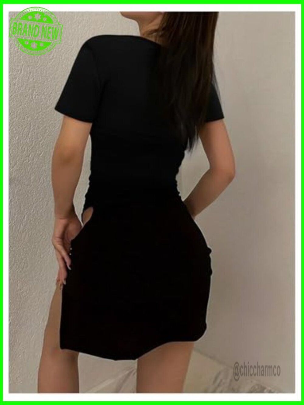 Women's Plus Size Short Sleeve Bodycon Mini Dress with High Slit, Pull On Style - Picture 3 of 5